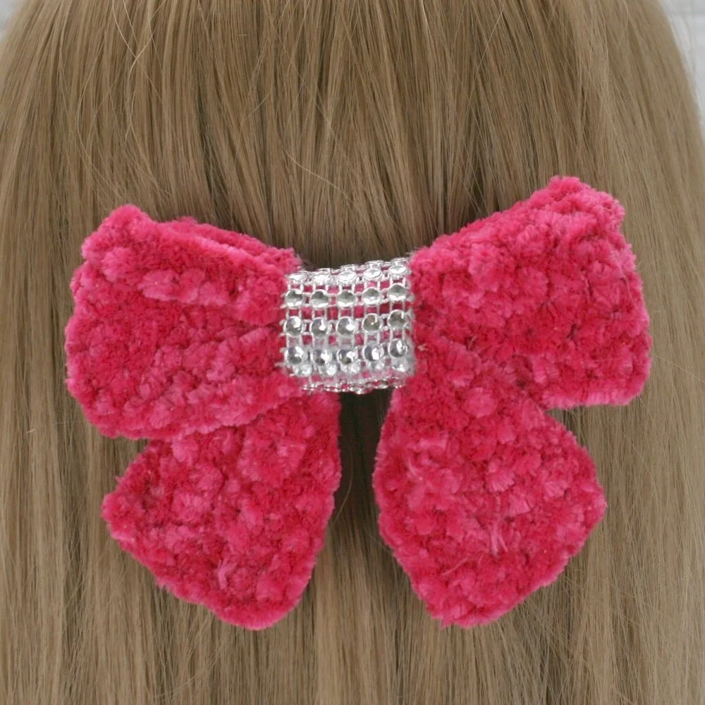 HAND CRAFTED Hair Bow Kids Crochet Chenille Velvet Hair Barrette Oversized Pink
